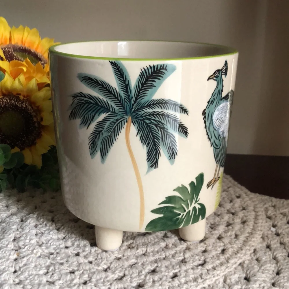 Decorative Green Peacock Ceramic Footed Planter Pot